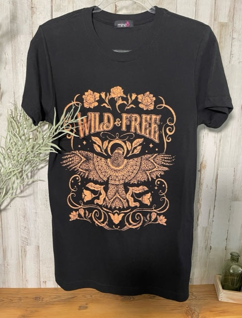 "Wild & Free" Printed Tunic-Length T-Shirt in Black