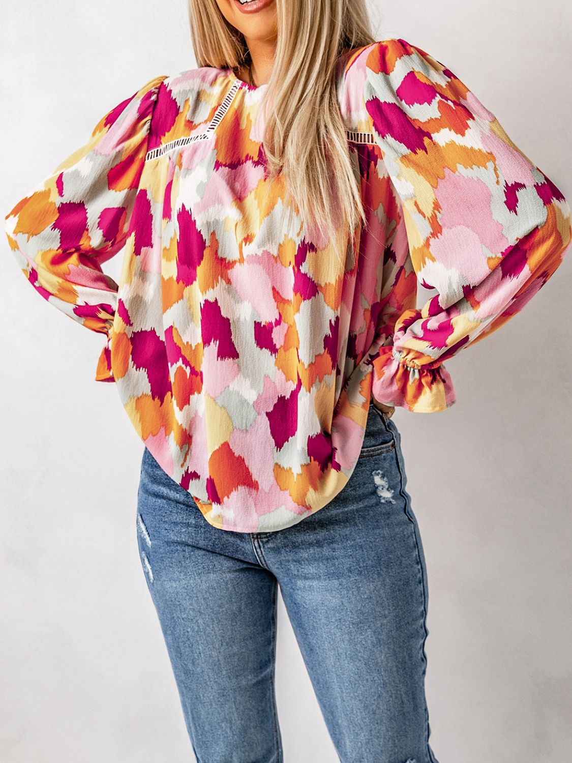 Printed Flounce Sleeve Buttoned Back Blouse w/Openwork Stitch