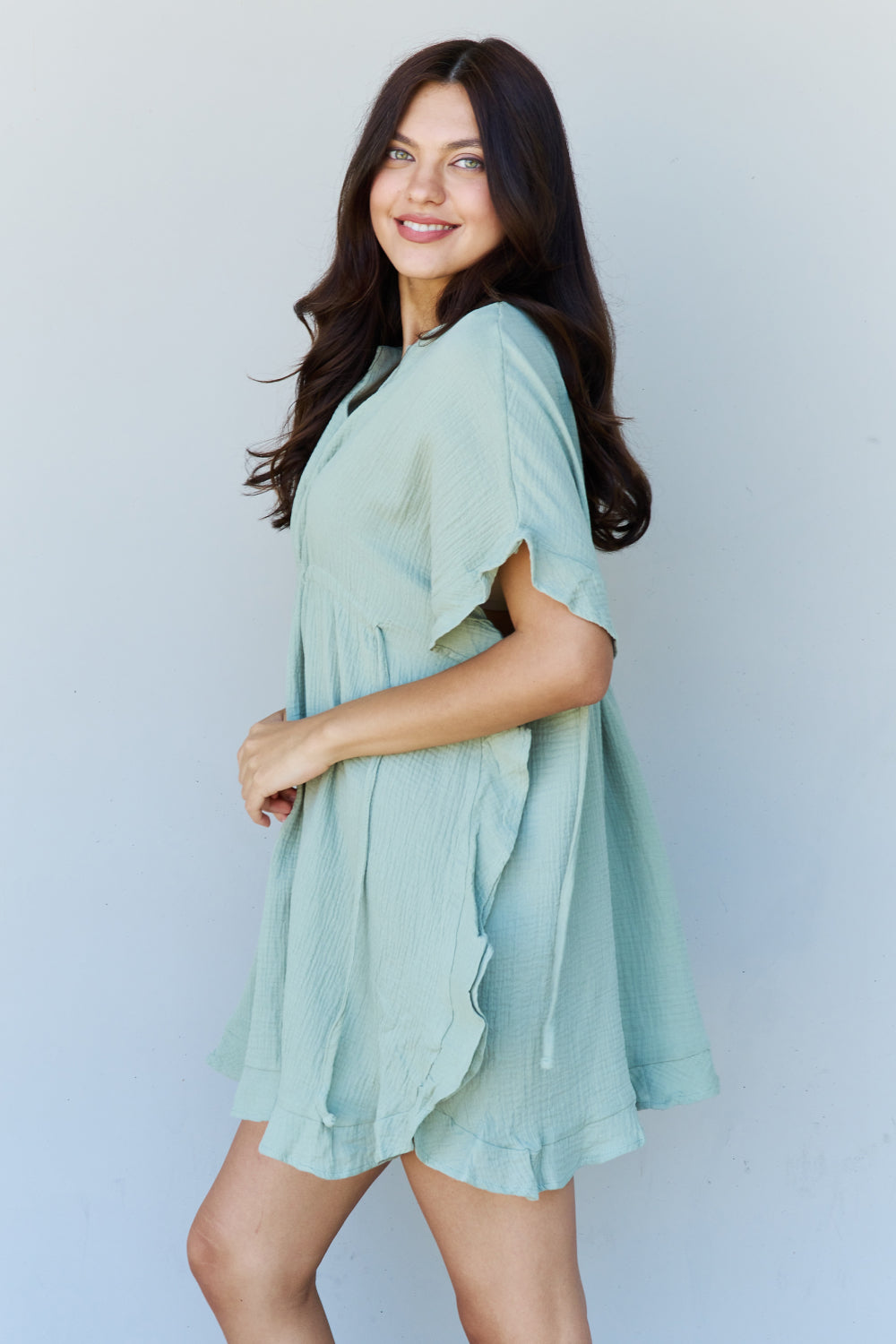 Ruffle Hem Dress with Drawstring Waistband in Light Sage