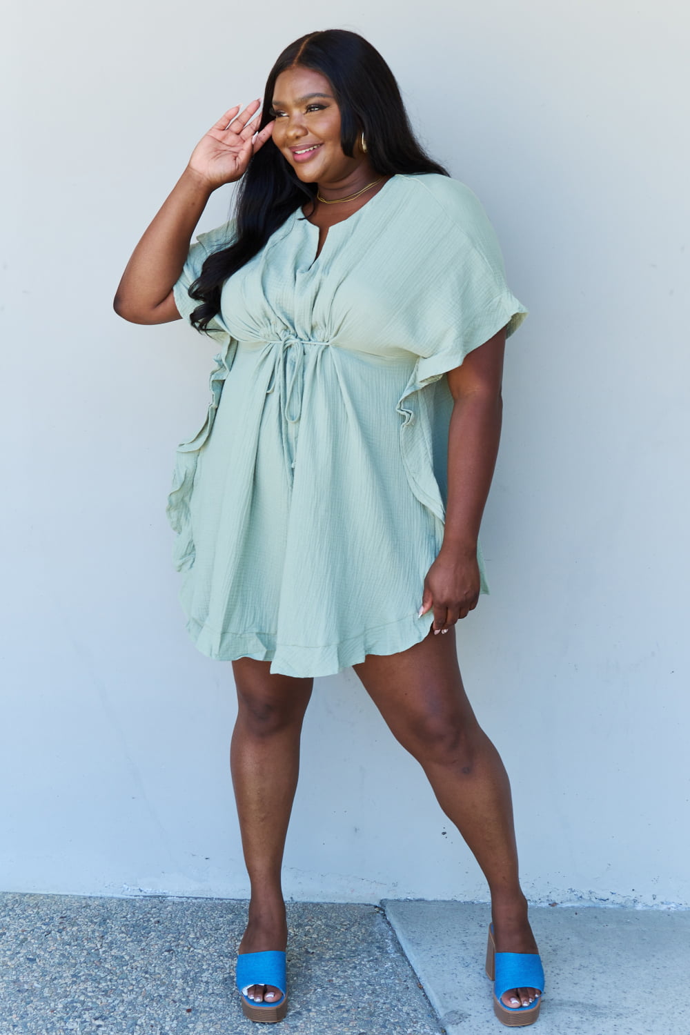 Ruffle Hem Dress with Drawstring Waistband in Light Sage