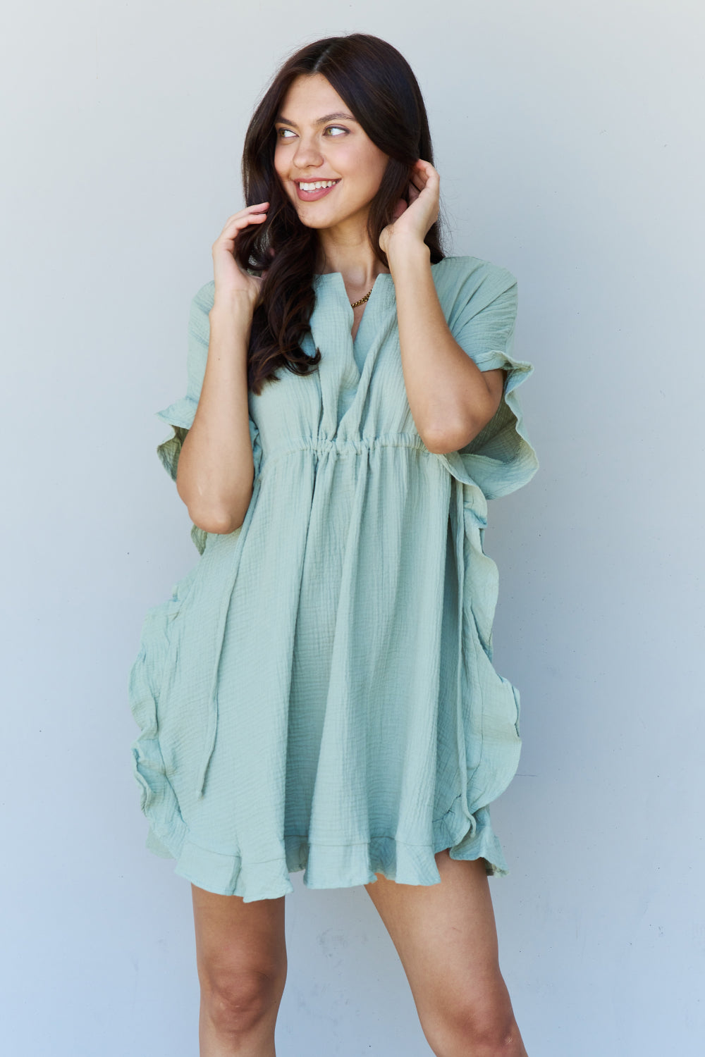 Ruffle Hem Dress with Drawstring Waistband in Light Sage