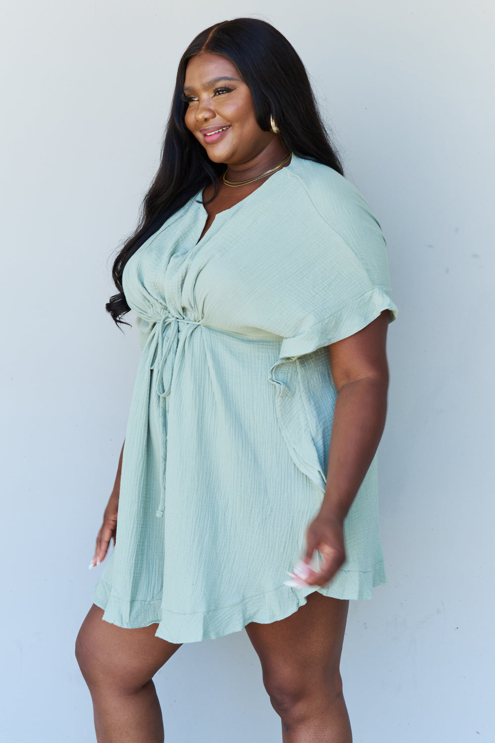 Ruffle Hem Dress with Drawstring Waistband in Light Sage