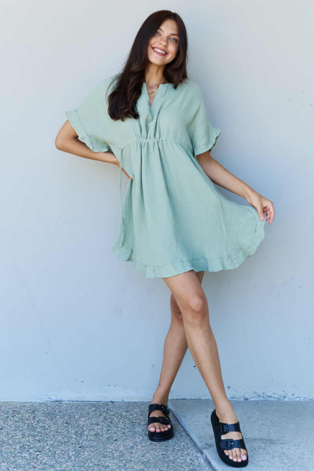 Ruffle Hem Dress with Drawstring Waistband in Light Sage