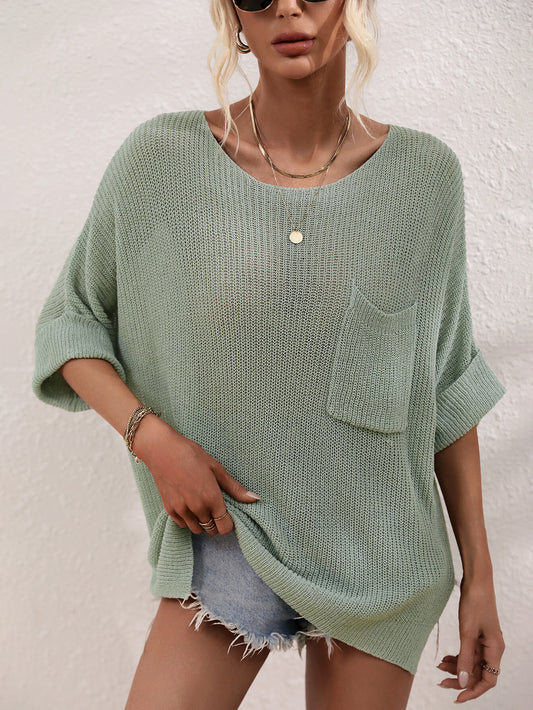 Boat Neck Cuffed Sleeve Slit Tunic Knit Top (4 Colors Available)