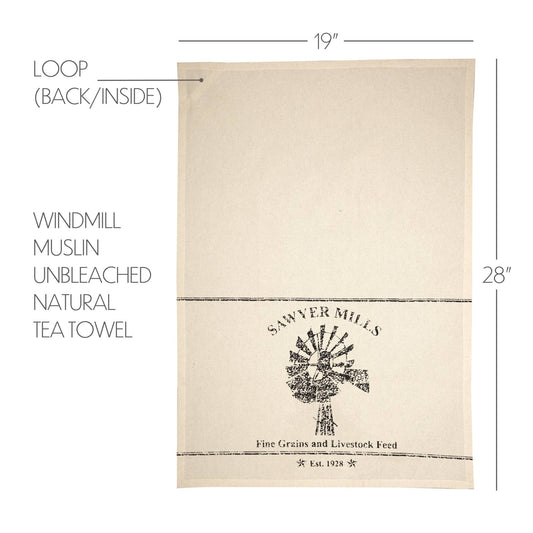 “Sawyer Mills” Charcoal Windmill Muslin Unbleached Natural Tea Towel