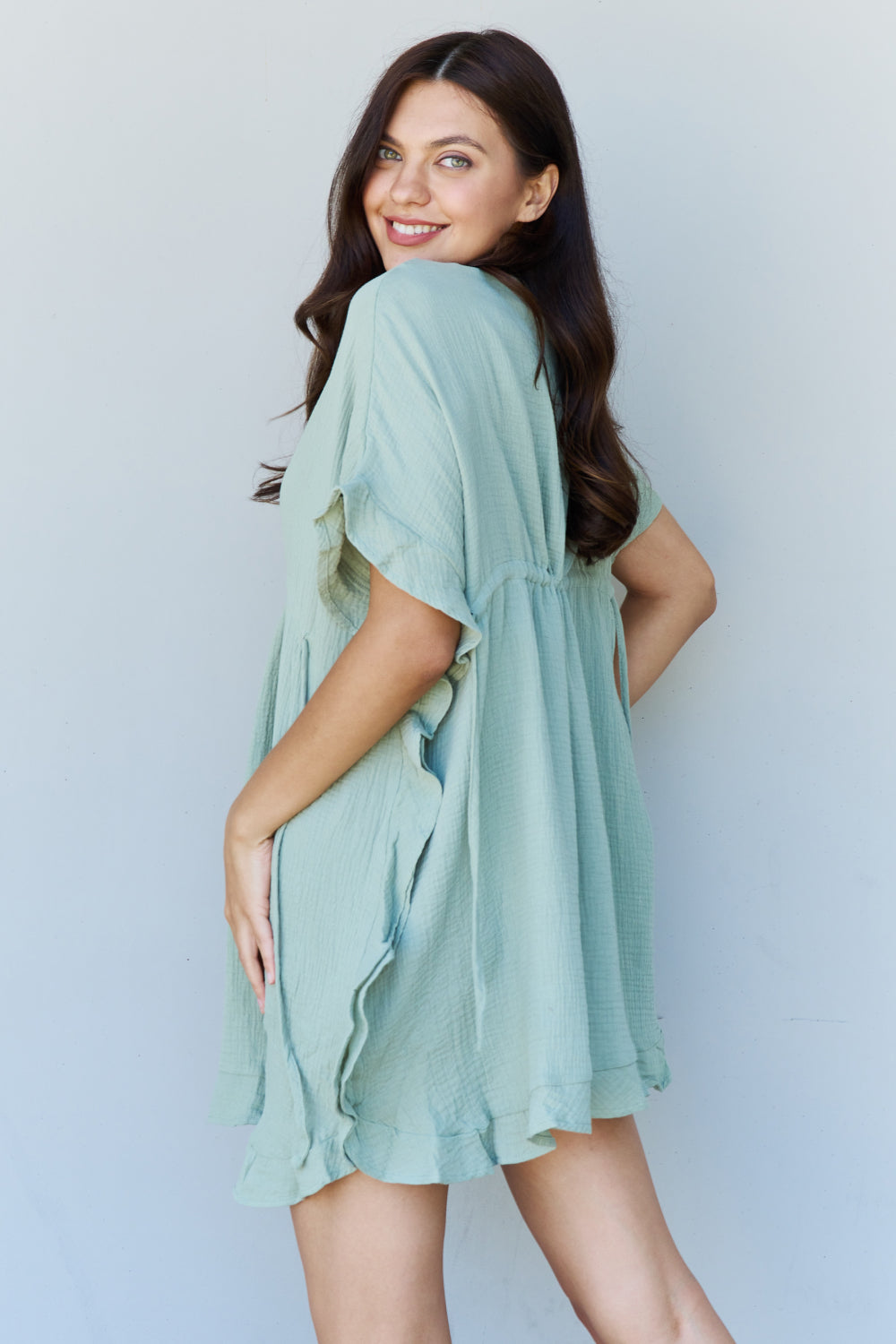 Ruffle Hem Dress with Drawstring Waistband in Light Sage