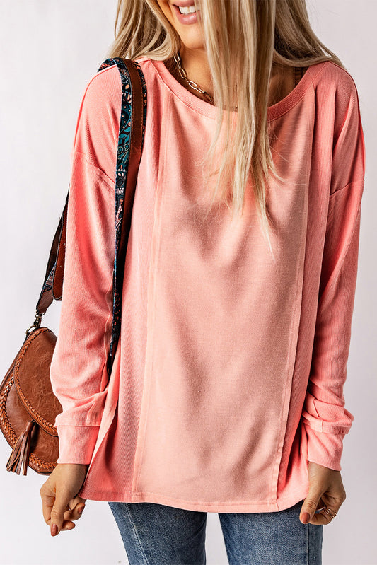 Ribbed Trim Panel Long Sleeve Top in Peach