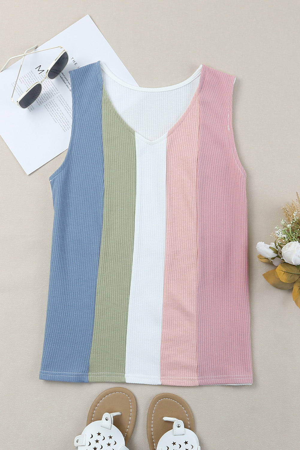 Multicolored Striped Waffle-Knit Sleeveless Tank (2 Color Options)