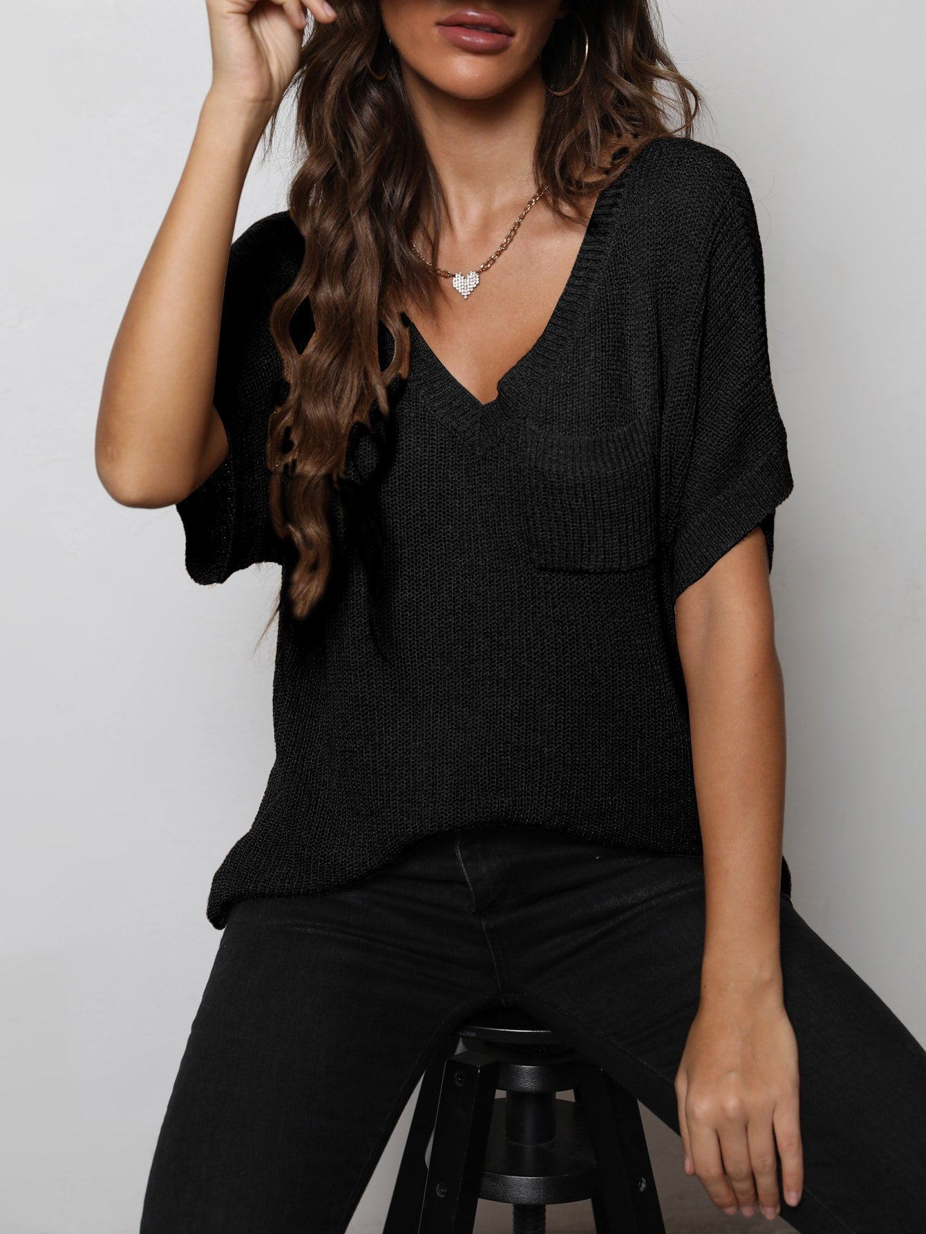 V-Neck Slit High-Low Knit Top (2 Colors)