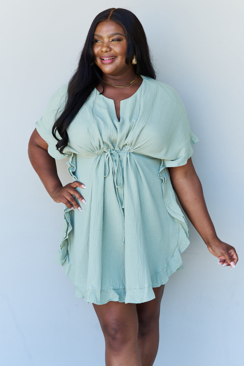 Ruffle Hem Dress with Drawstring Waistband in Light Sage