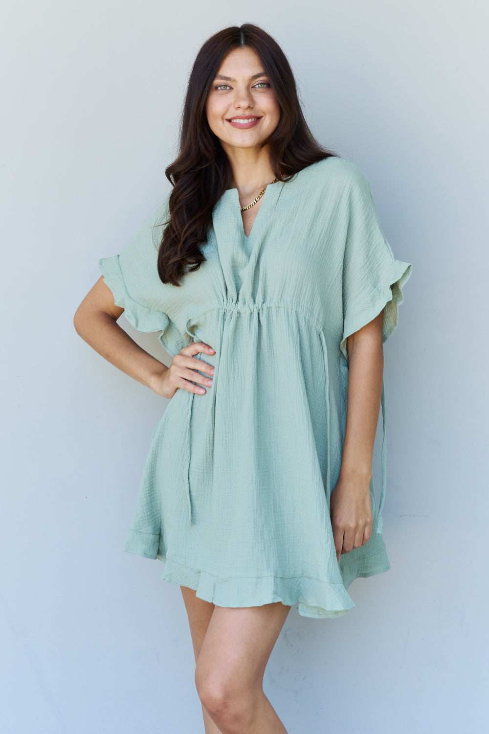 Ruffle Hem Dress with Drawstring Waistband in Light Sage