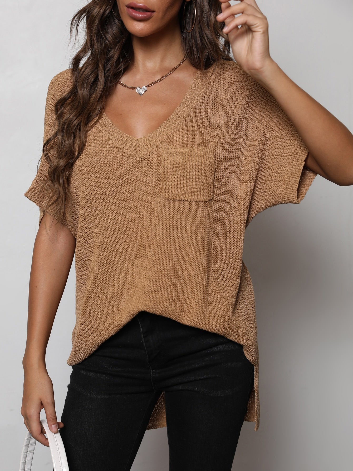 V-Neck Slit High-Low Knit Top (2 Colors)