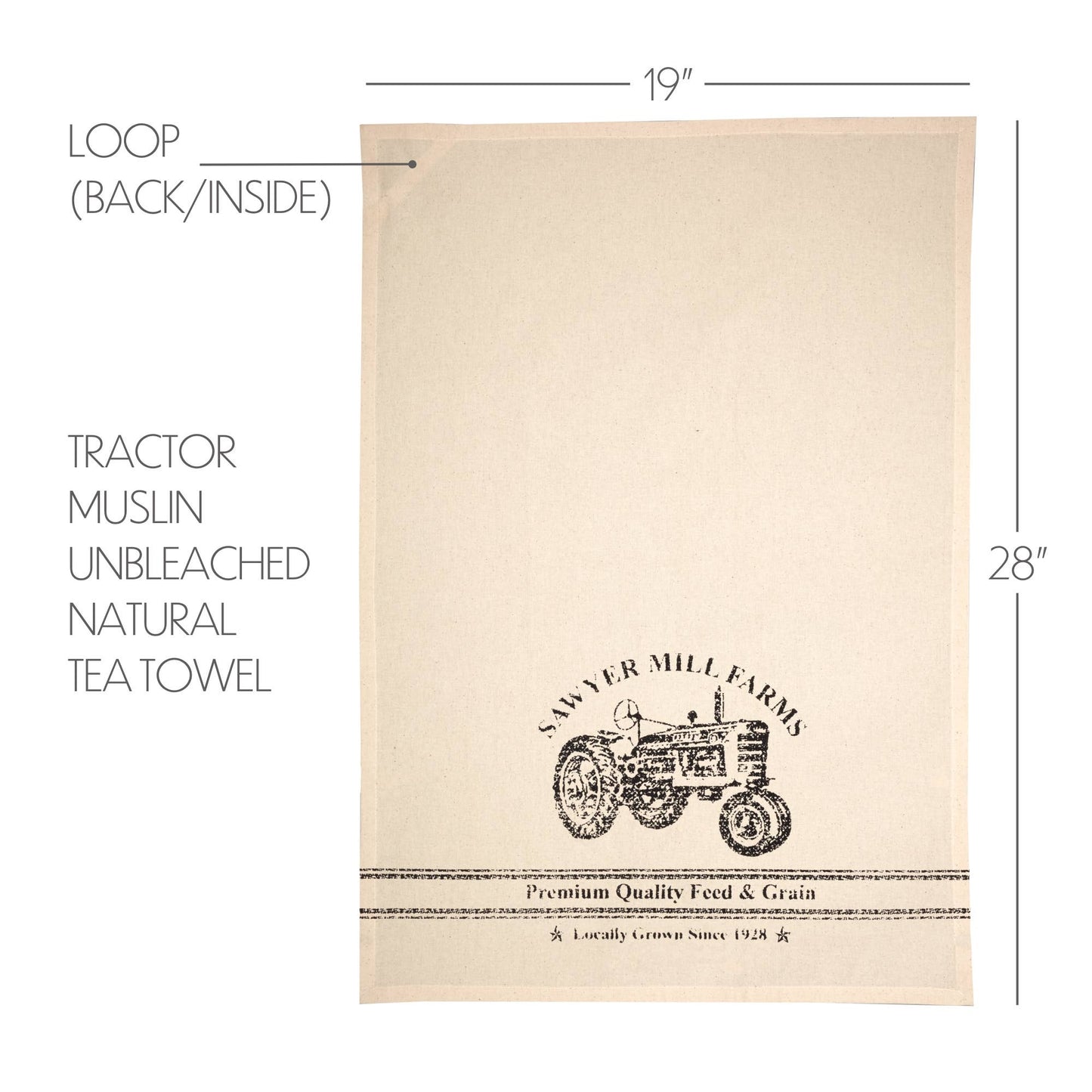 “Sawyer Mill Farms” Charcoal Tractor Muslin Unbleached Natural Tea Towel